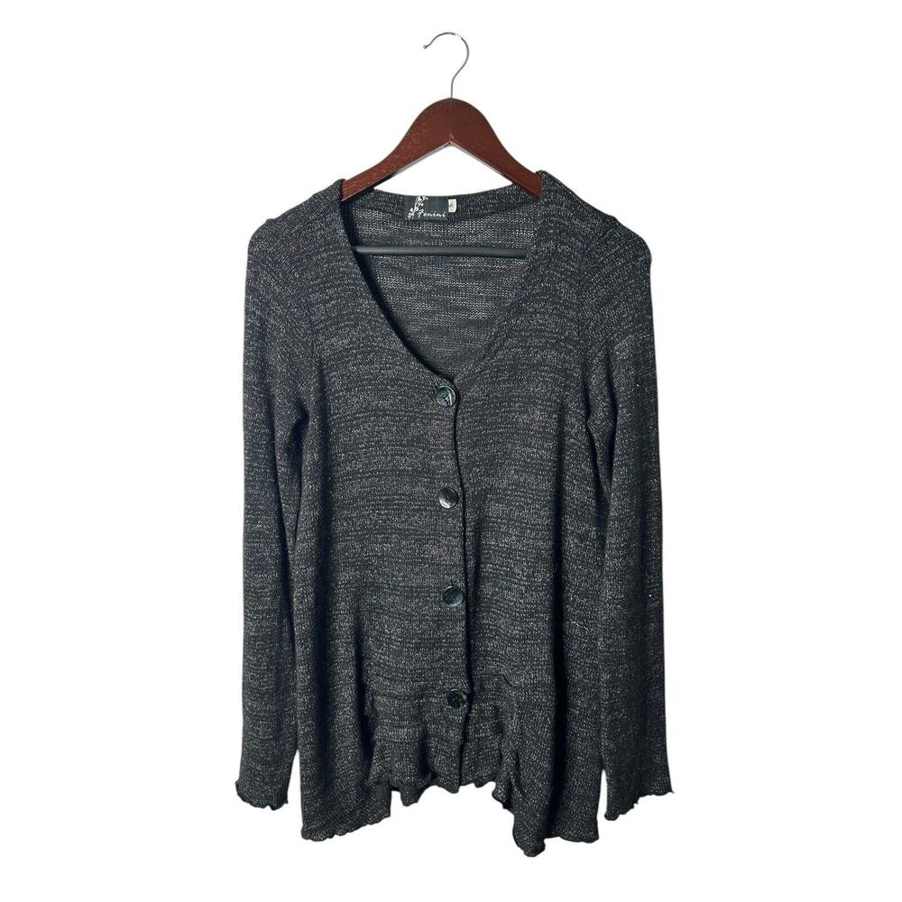 Fenini sz small womens cardigan sweater black specked tunic ruffle hem‎